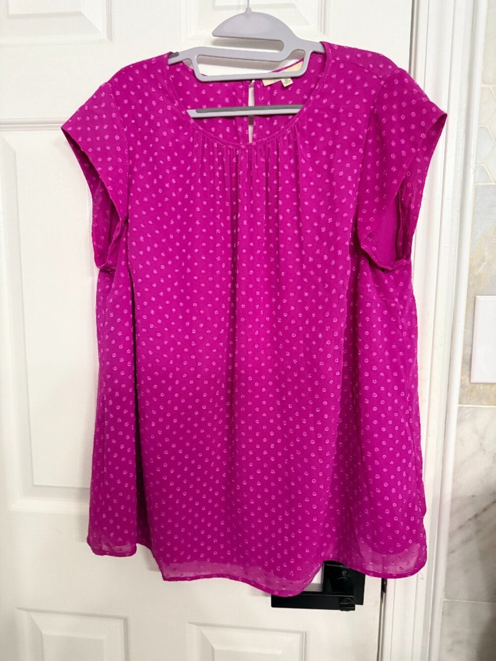 Los Serein 1X Fuchsia Pink Swiss Dot Blouse Top Short Sleeve